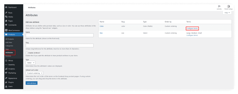 Go to Attributes from Products Menu and Click on Configure Terms for the Color Attribute
