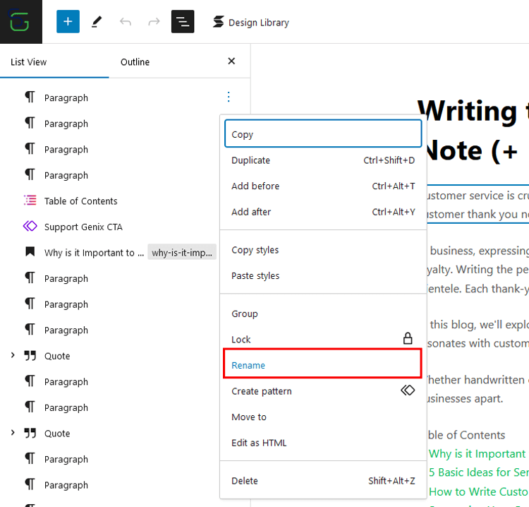 Rename Blocks in List View