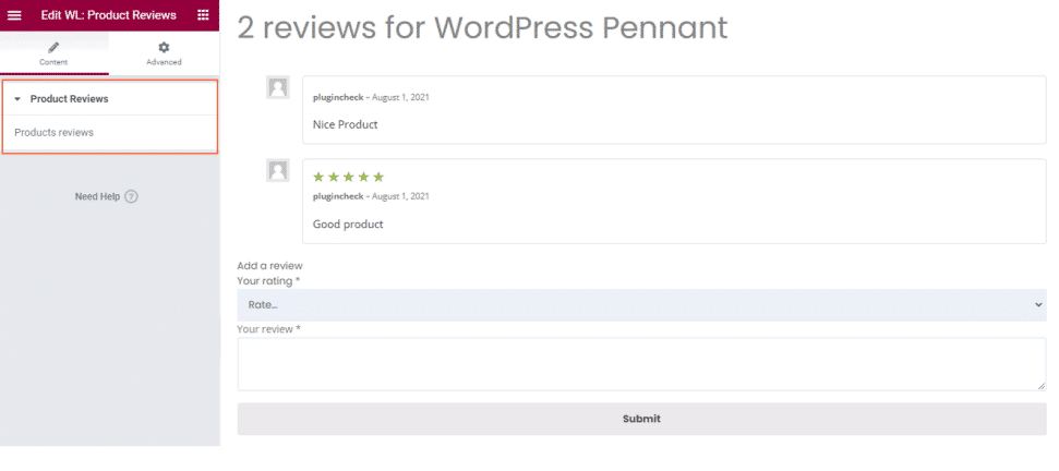 Woolentor product reviews widgets