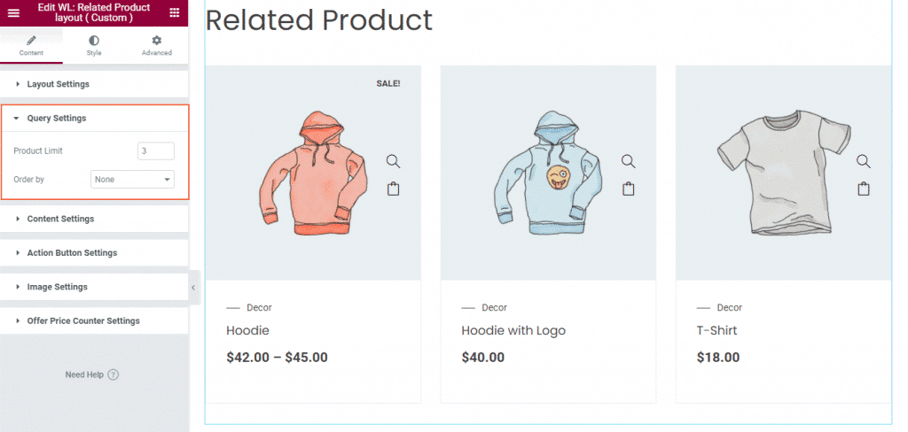 Woolentor related product query settings