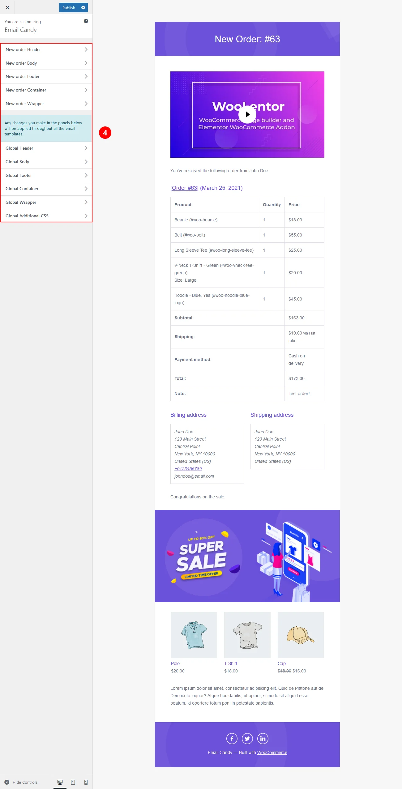 While designing an email template, you will get several option panels to design each part of the email template without any mess.